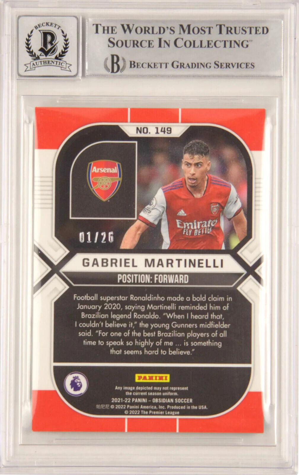 Gabriel Martinelli Signed 2021-22 Panini Obsidian Rookie /26 – BGS 9 Autograph